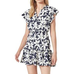 Joie Krystina Ruffle Trim Floral Dress Deep Sea Blue White XS